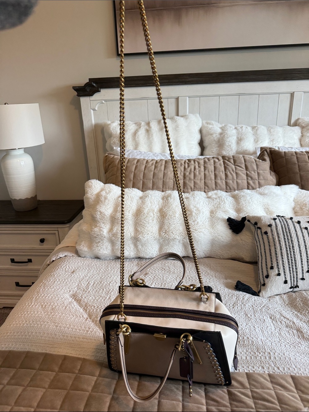 Coach Taupe and Black Leather Satchel with Gold Hardware - Picture 14 of 14